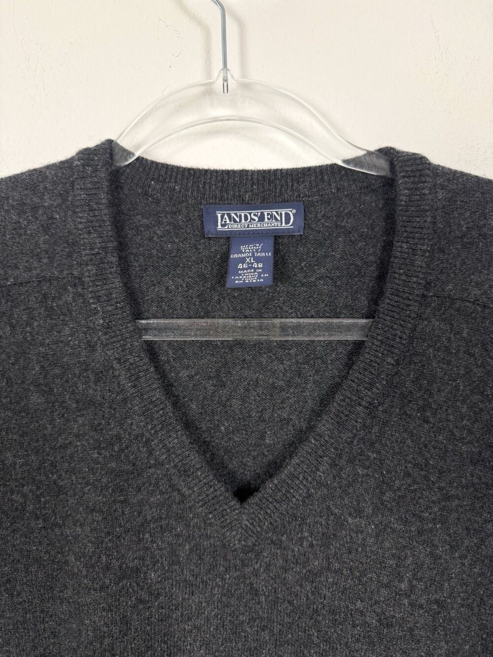 Lands' End Mens 100% Cashmere Sweater XL V-Neck Luxury Gray Charcoal (44-48)